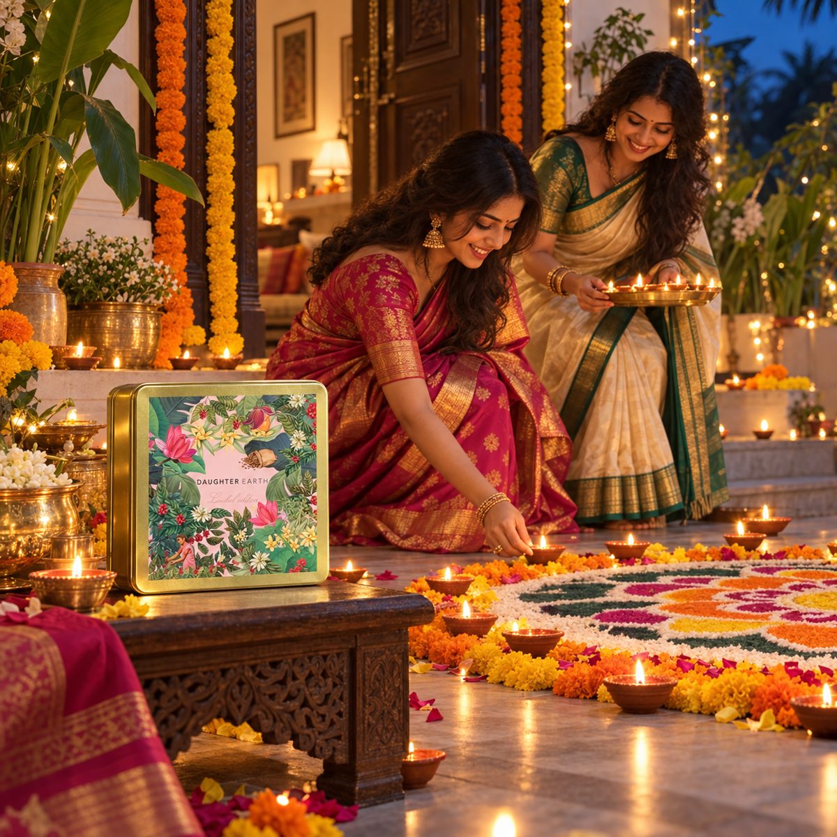Lighting diyas beside a flower rangoli, the Festive tin on a carved table