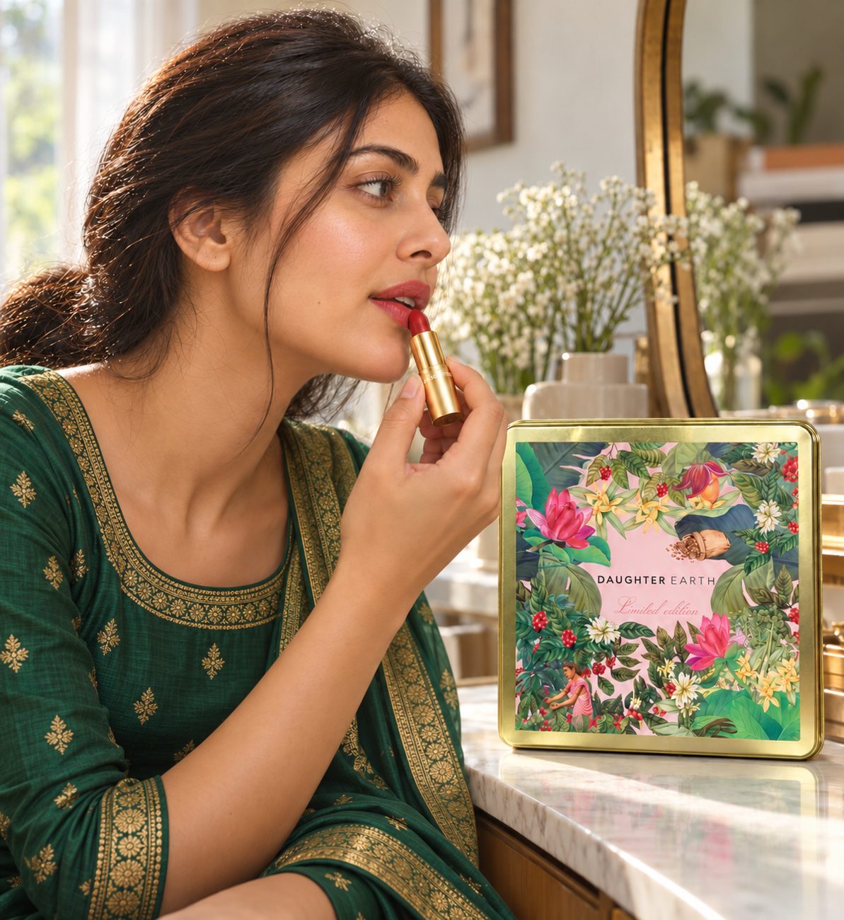 Applying Mountain Girl lipstick beside the tin