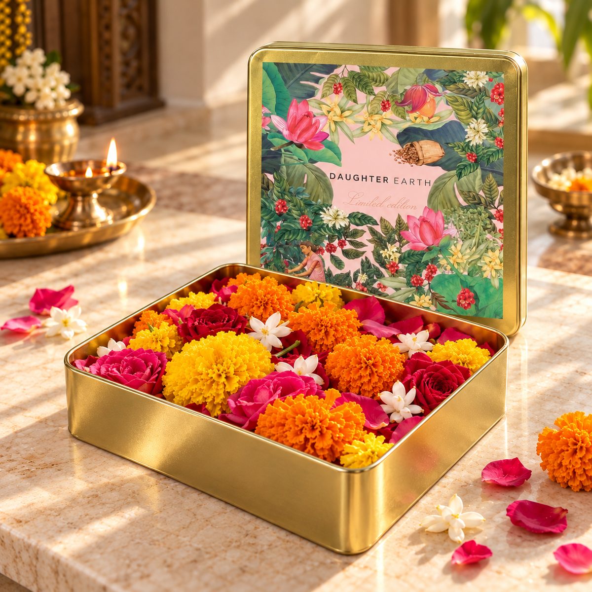 The open soft-gold tin filled with marigolds and roses